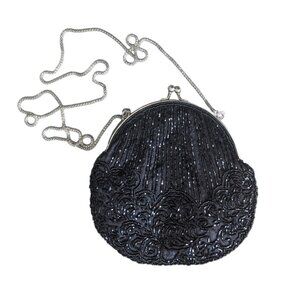 Vintage Crossbody Bag Black Silver Beaded Frogmouth Coin Purse Chain